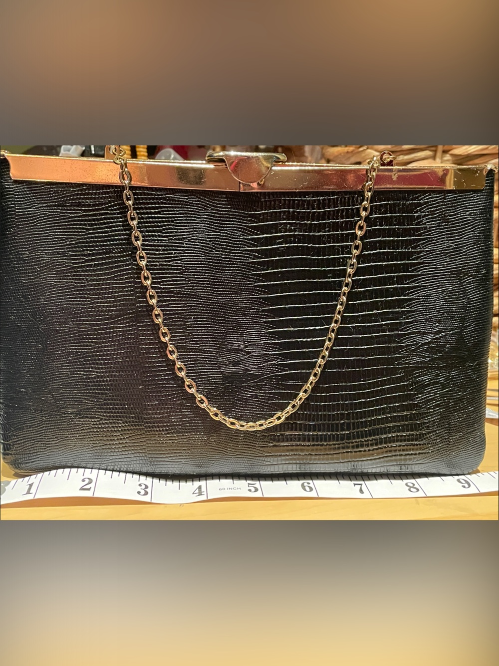 Vintage Etra Genuine Leather Black Textured Clutch with Gold Chain